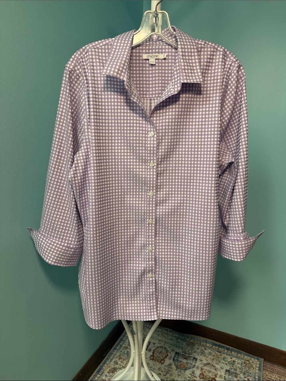 Chico's Women’s No Iron Lavender Gingham Button-Down Shirt Size 14 or XL